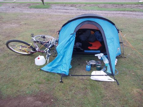 With bike locked to tent pole - the usual set up.